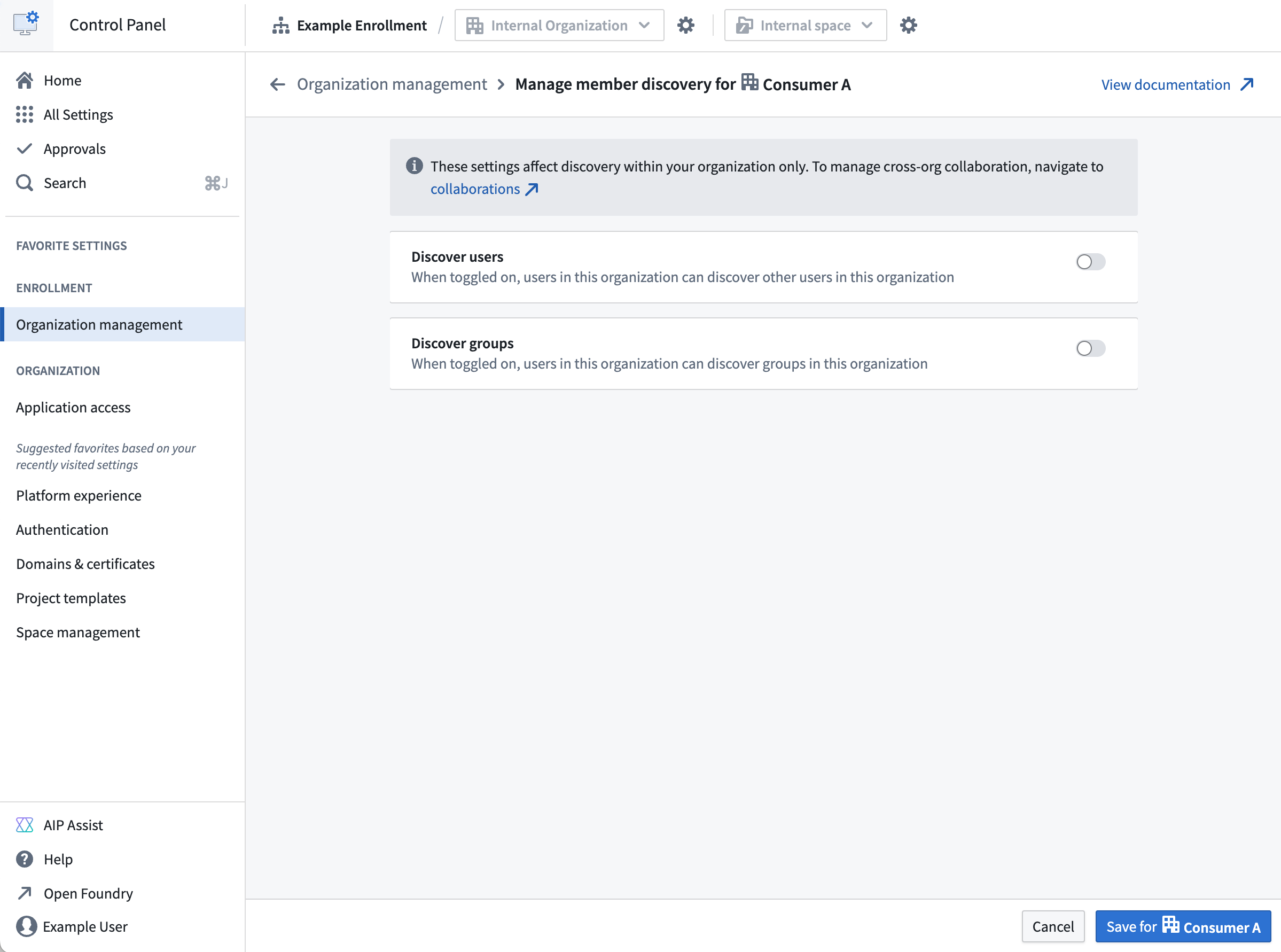 The Manage member discovery extension showing the discoverability toggles in the disabled position.