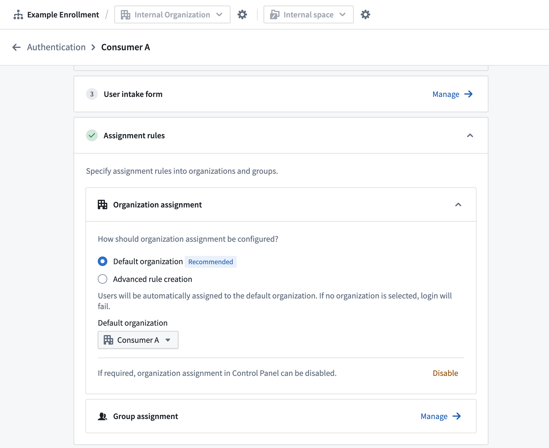 The organization triaging rules for the selected provider within the Authentication extension.