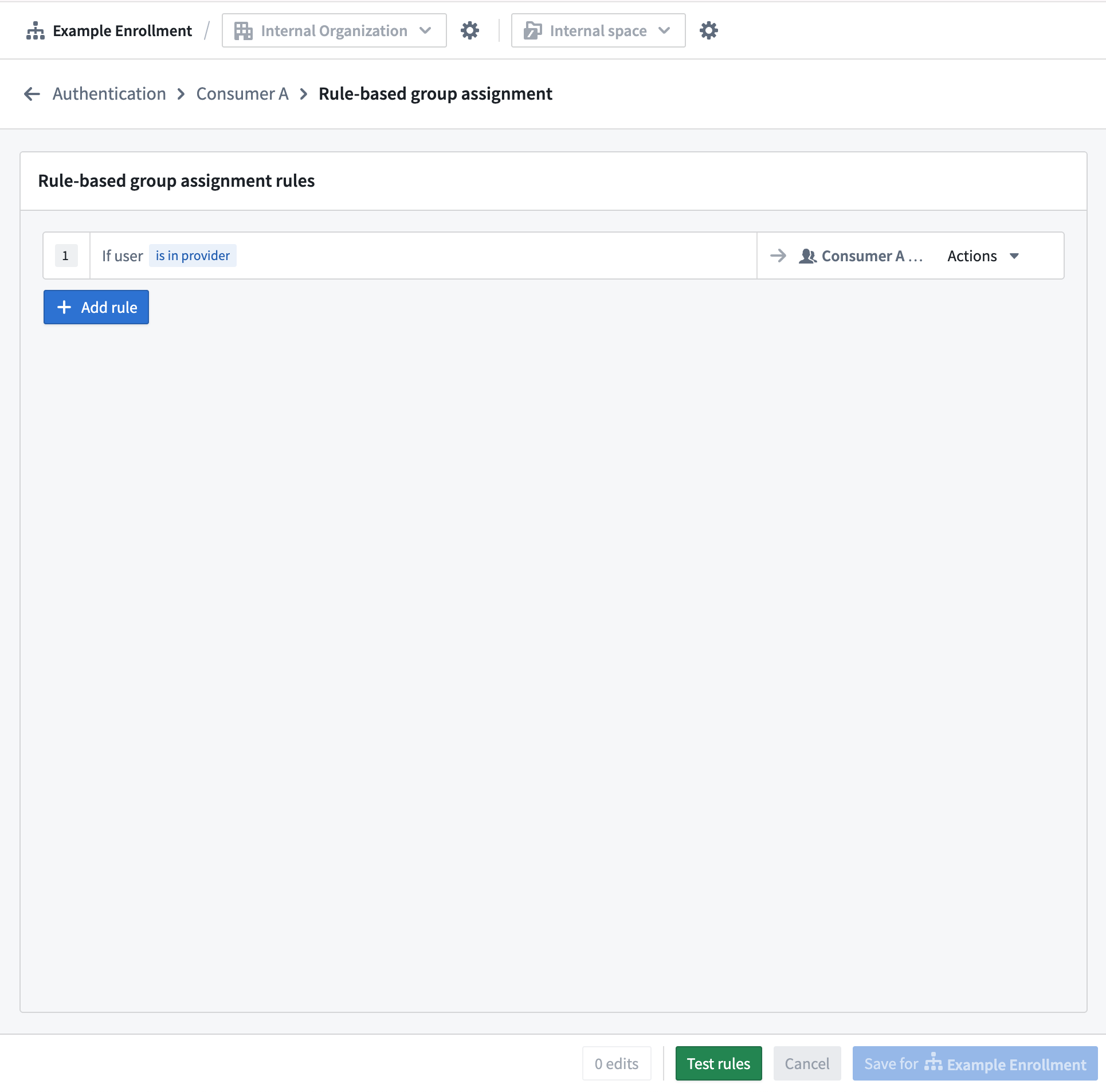 The configuration for Rule-based group assignment within the Authentication extension.