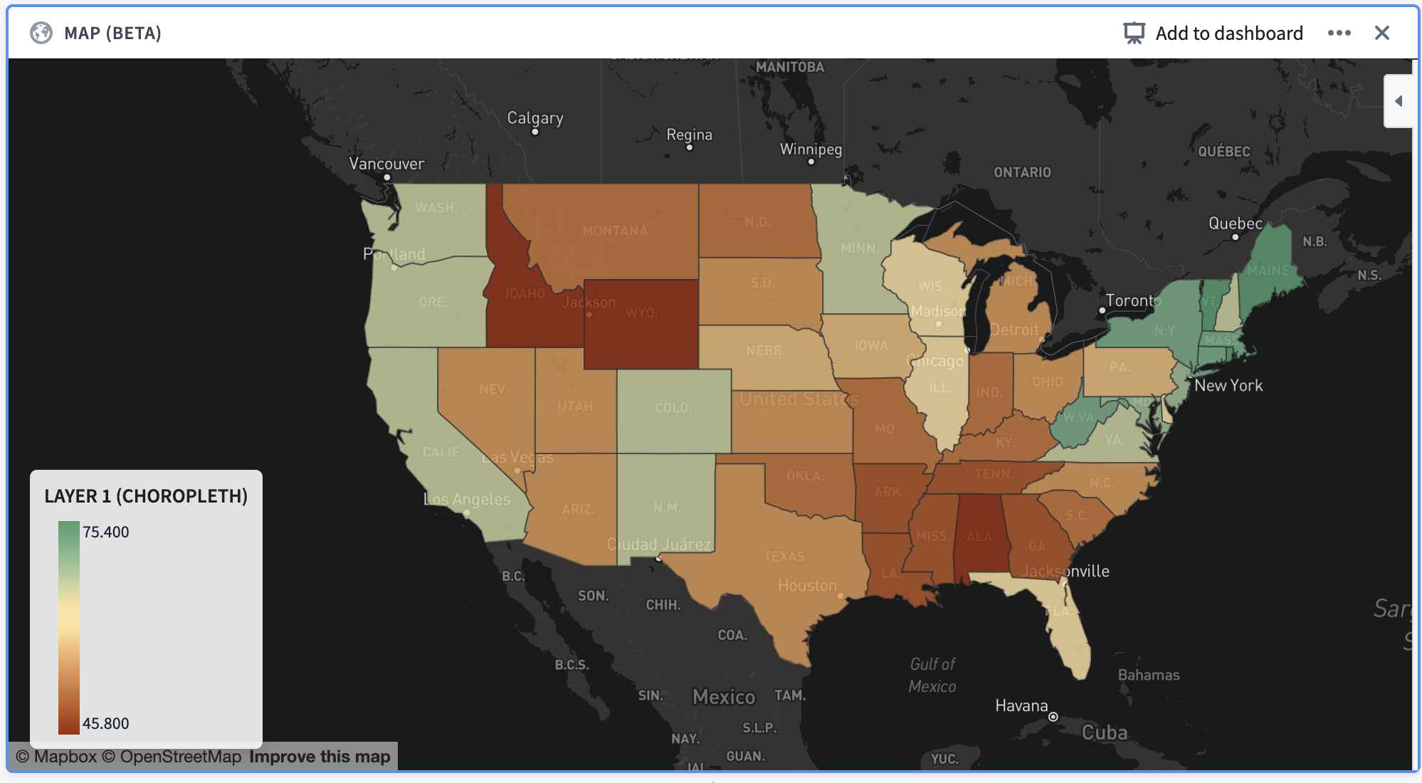 Example: A map of the continental United States, with each state colored according to the percentage of its total population that is fully vaccinated as of December 13, 2021.