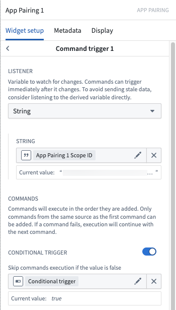 The command trigger configuration window in the App Pairing widget is displayed.