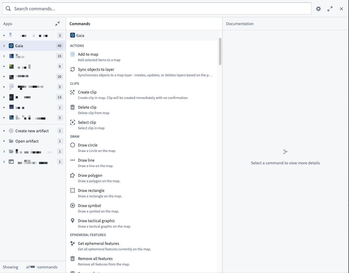 The Select a command... pop-up window displays all commands available in Workshop.