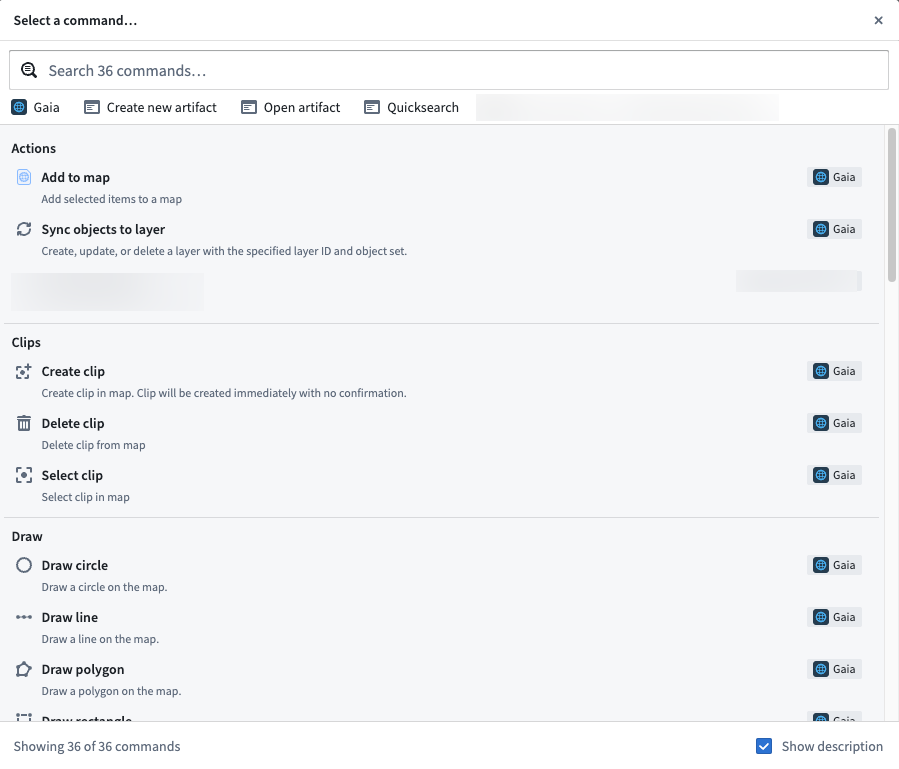 The Select a command... pop-up window displays all commands available in Workshop.