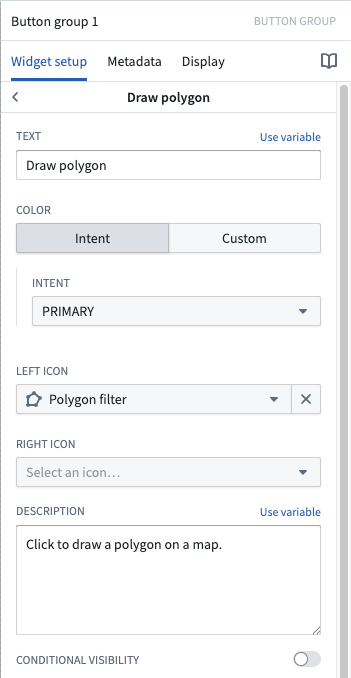 The Widget setup panel in a button's configuration window is displayed.