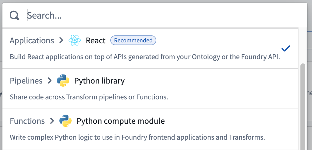 The React repository type is displayed from the type selection menu in Code Workspaces.