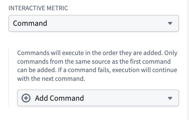 The interactive metric menu in a metric card's configuration panel displays the command option.