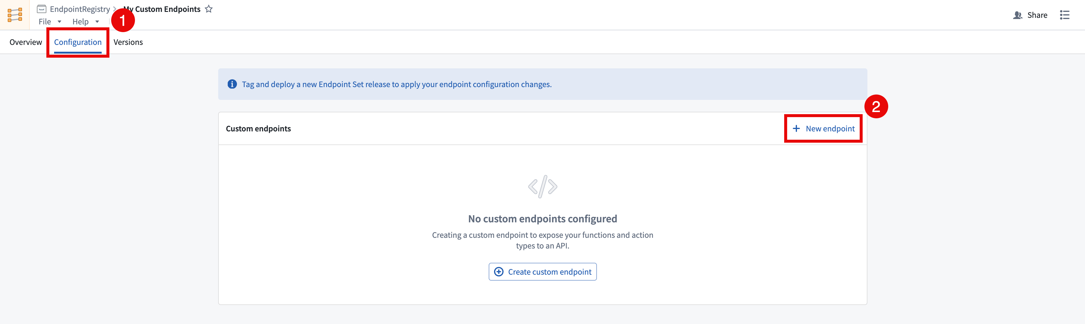 the 'Configuration' tab and '+ New endpoint' option in the endpoint set interface.