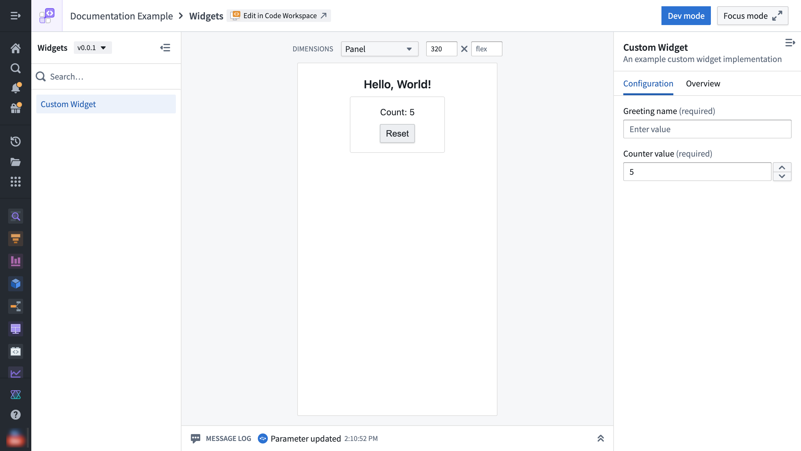 The custom widgets application displaying an example widget.