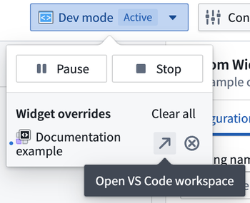 Dev mode controls in enabled state using a VS Code Workspace.