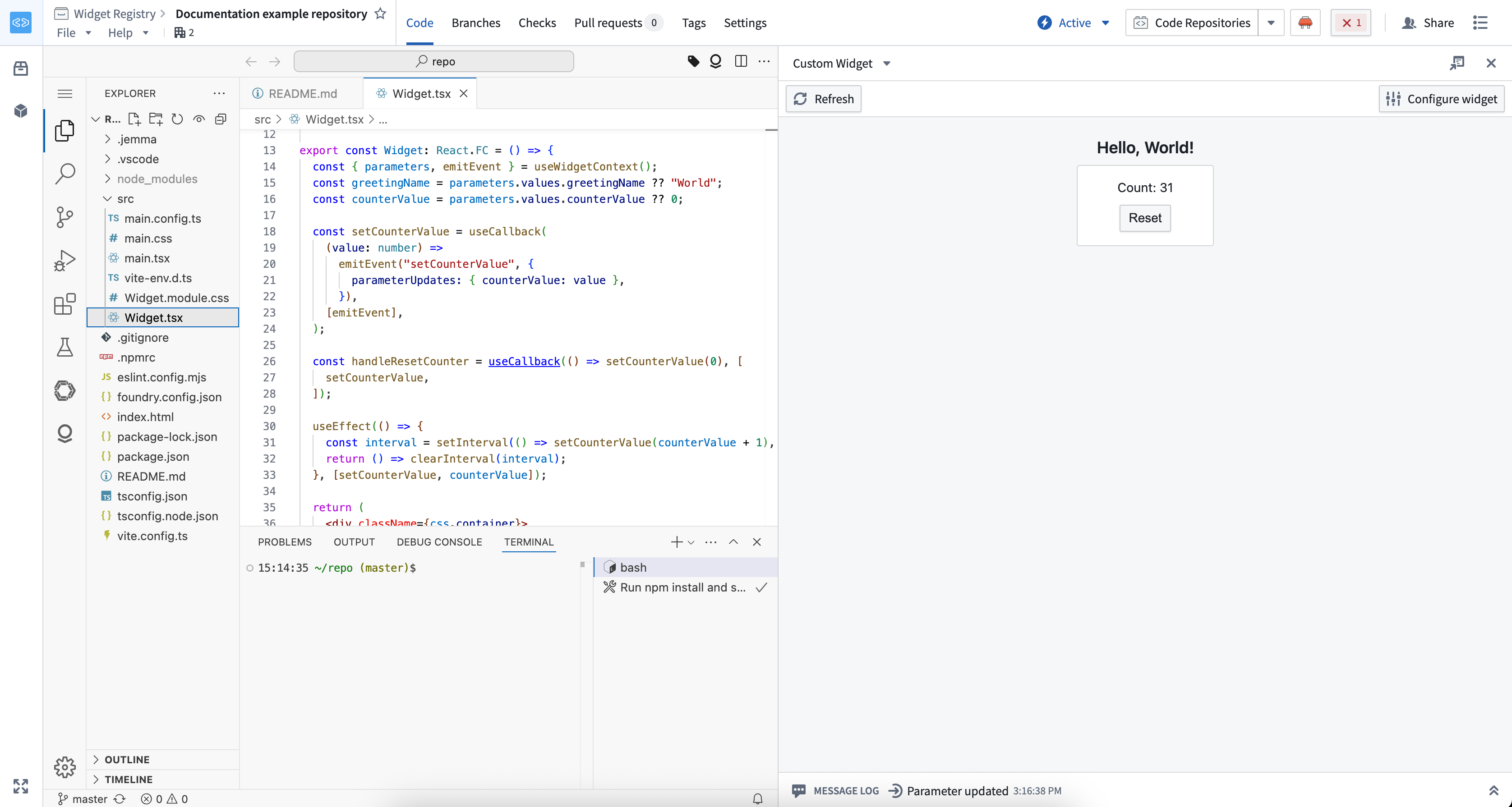 The widget in dev mode in VS Code Workspaces.