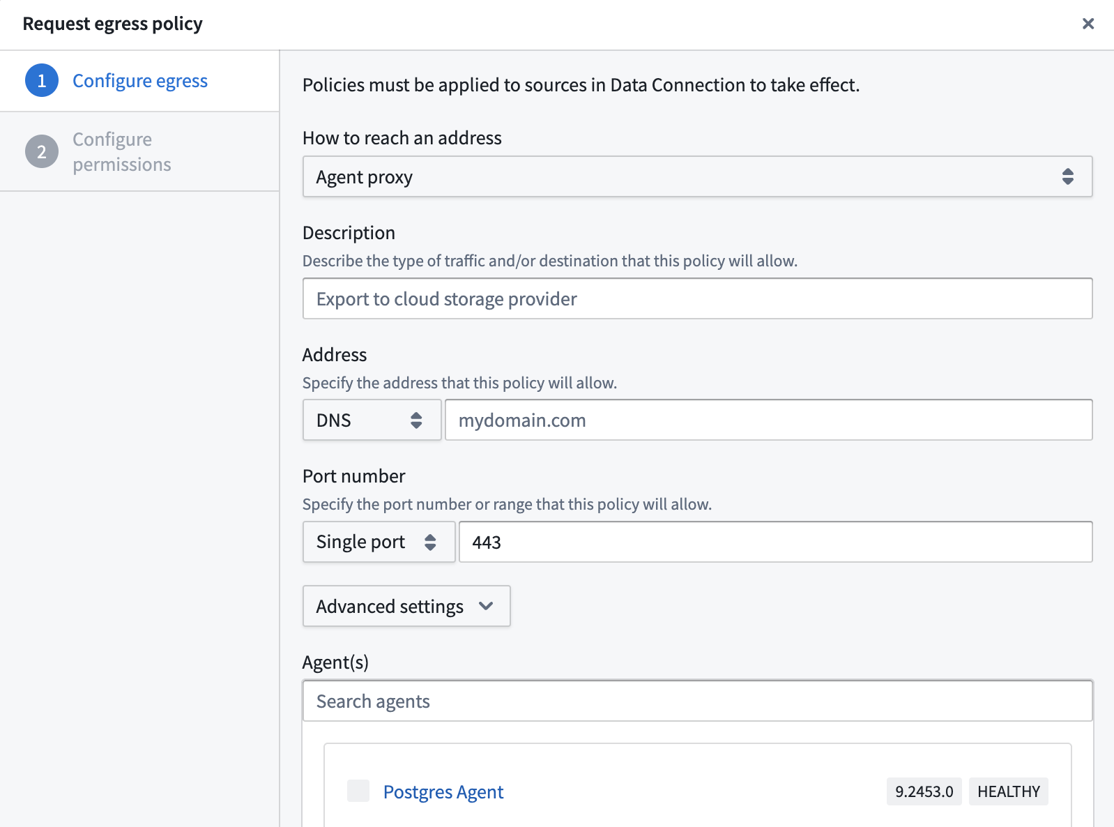 The control panel for Network egress policy with the policy created.