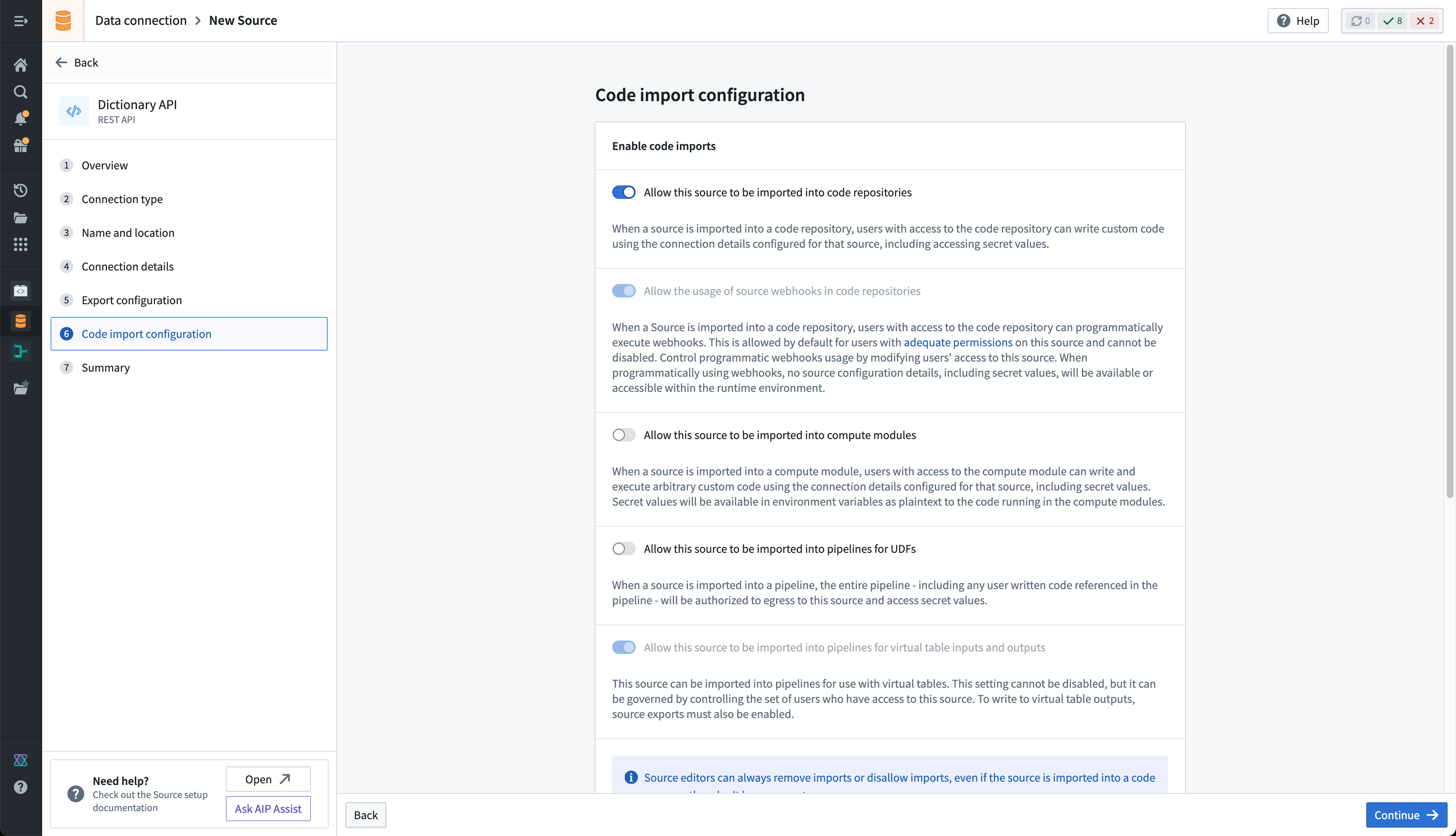 Dictionary API source configuration options in data connection, showing the panel for code import configuration with code imports toggled on.