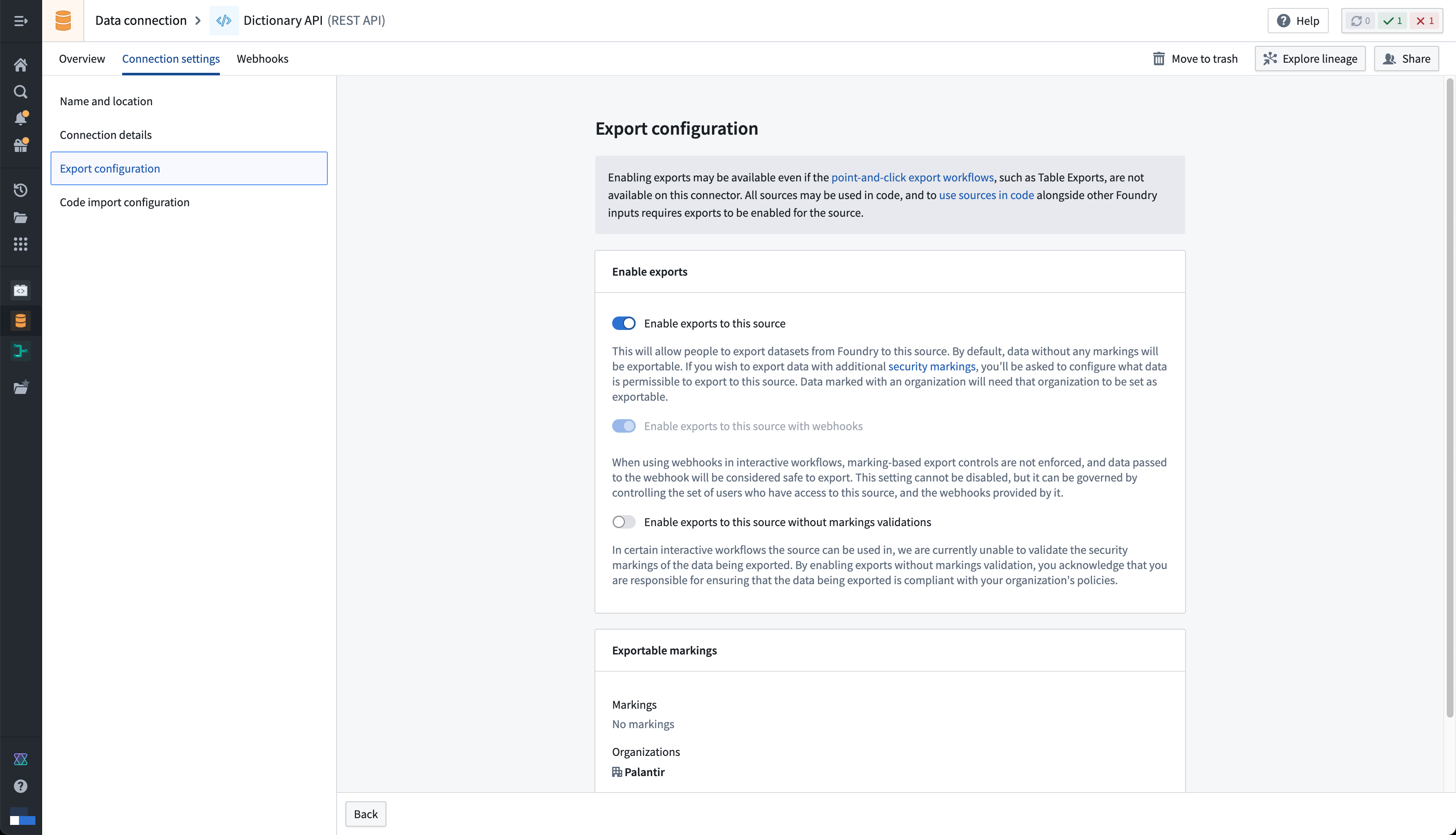 Data connection settings showing the export configuration for Dictionary API source with enable exports to this source toggled on