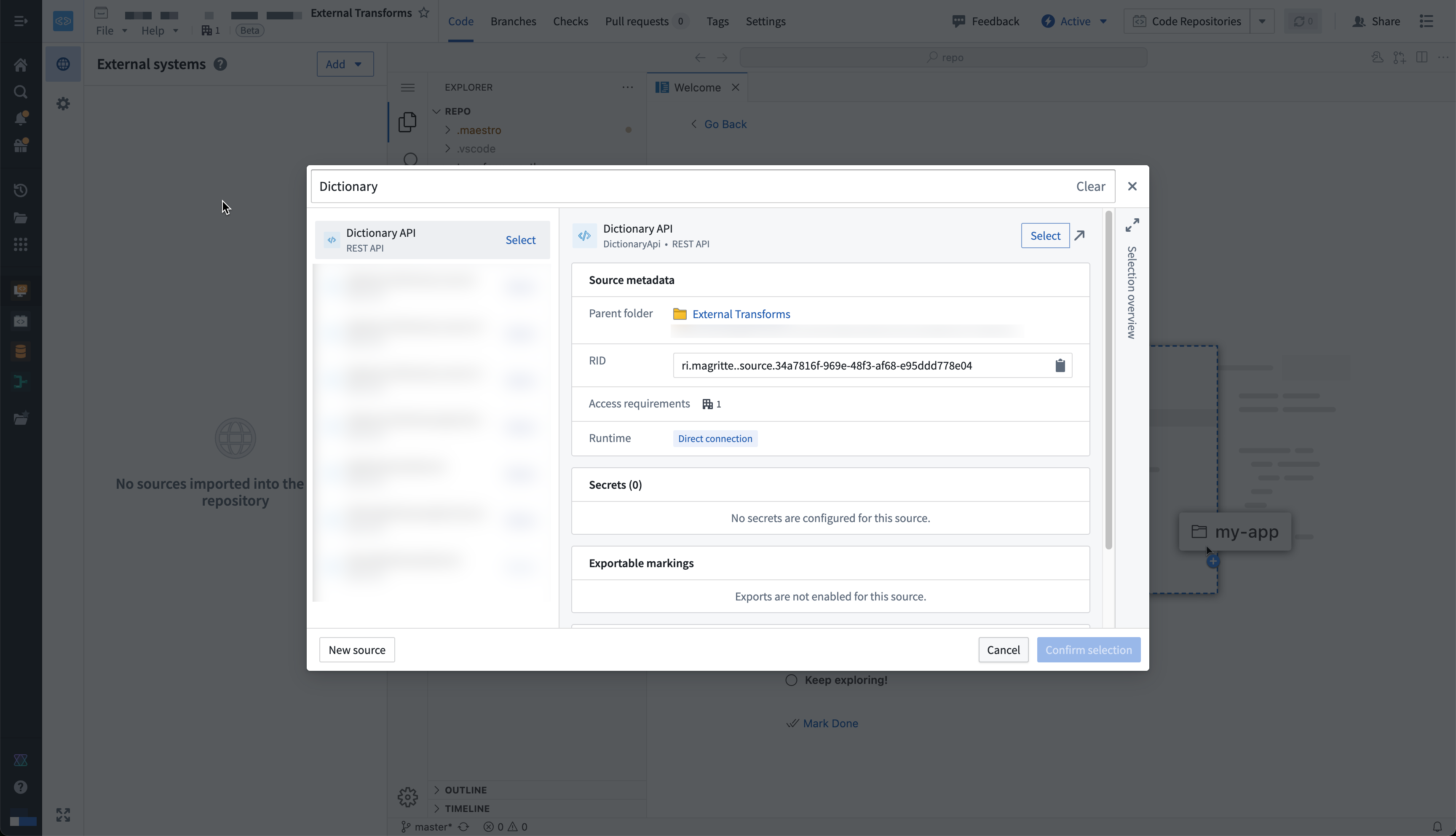 Dialog for importing the Dictionary API source into a Python transforms repository.