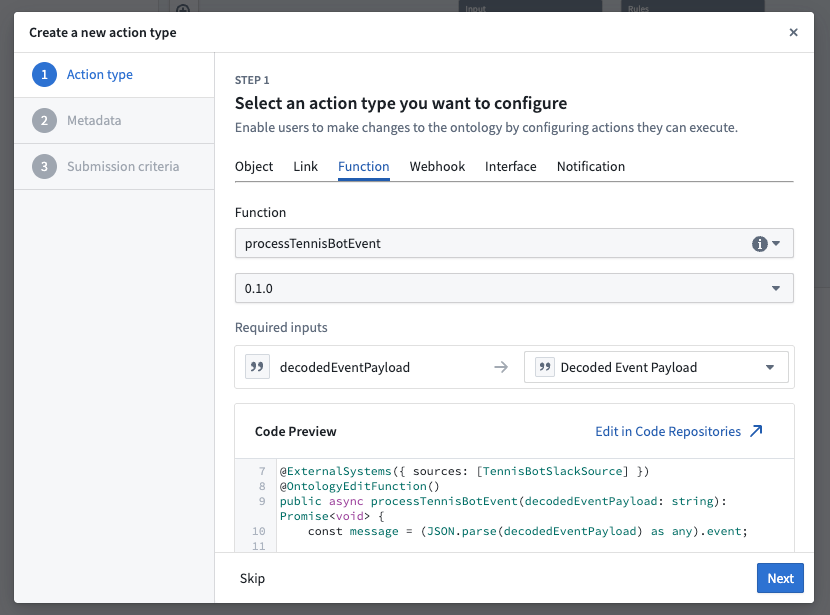 A walkthrough wizard for creating a function-backed action is shown.