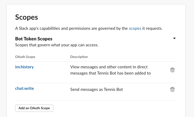 Slack app OAuth scopes configuration shown.