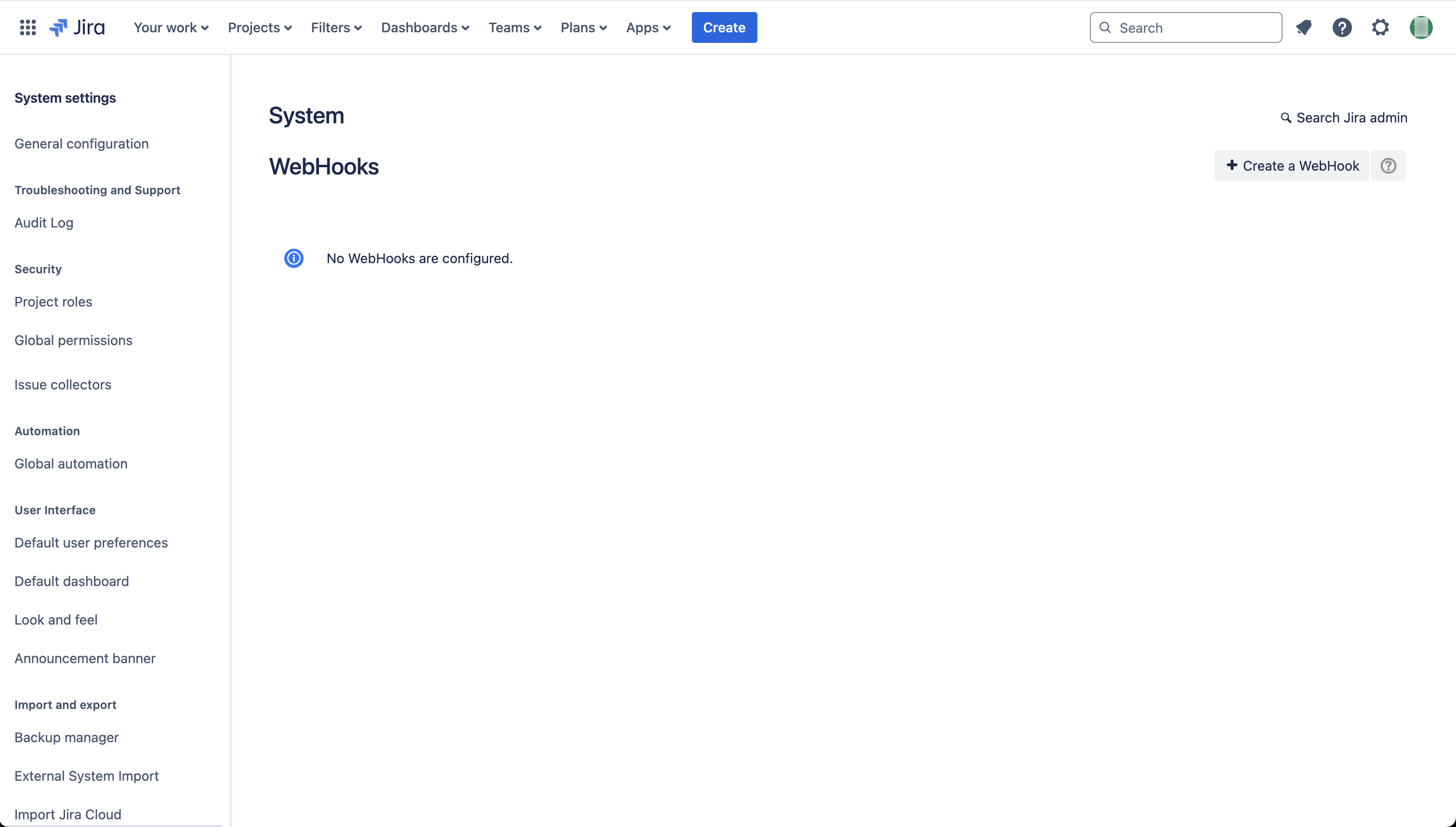 Blank state for Jira system webhooks.