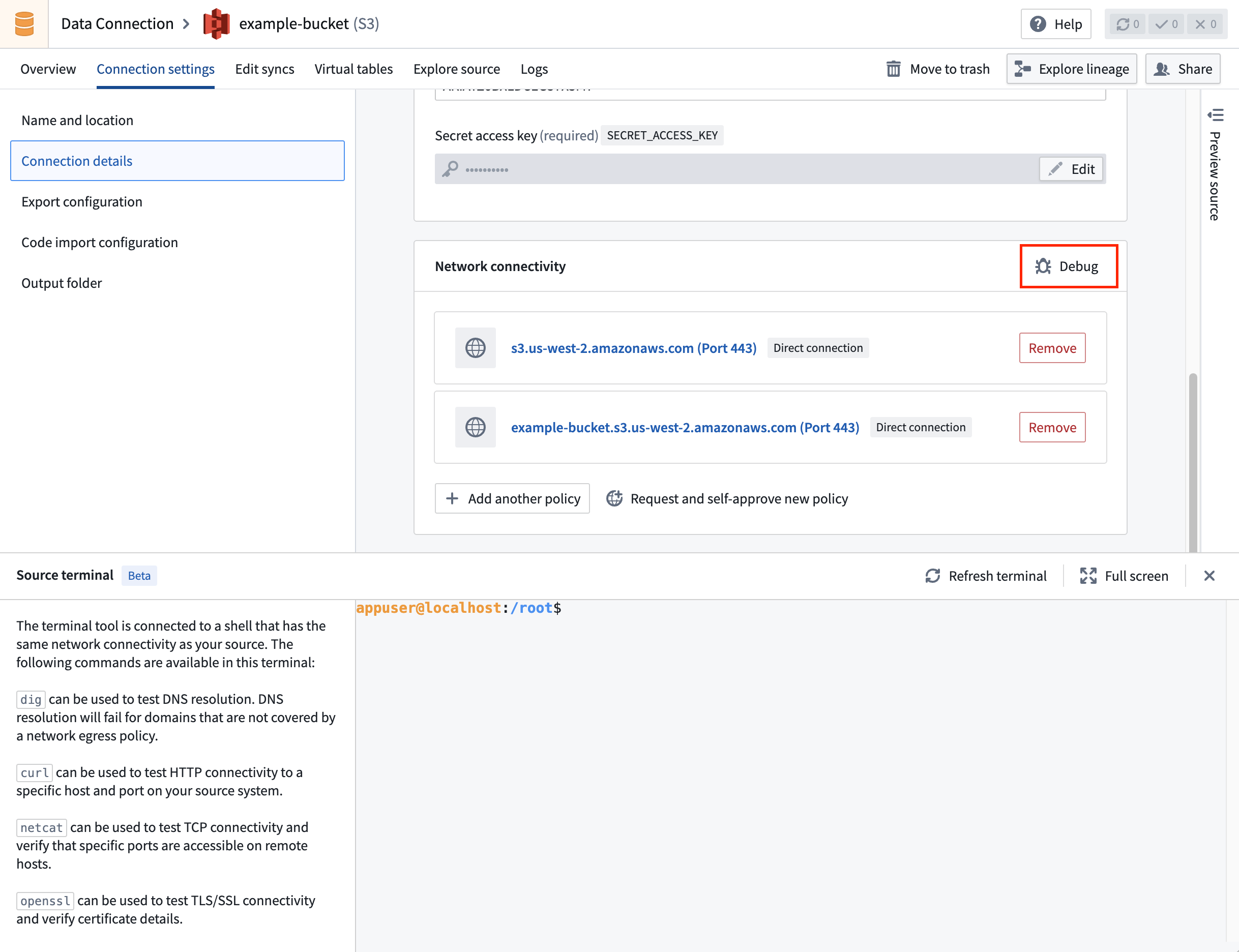The source terminal is accessible via the 'connection settings' tab.