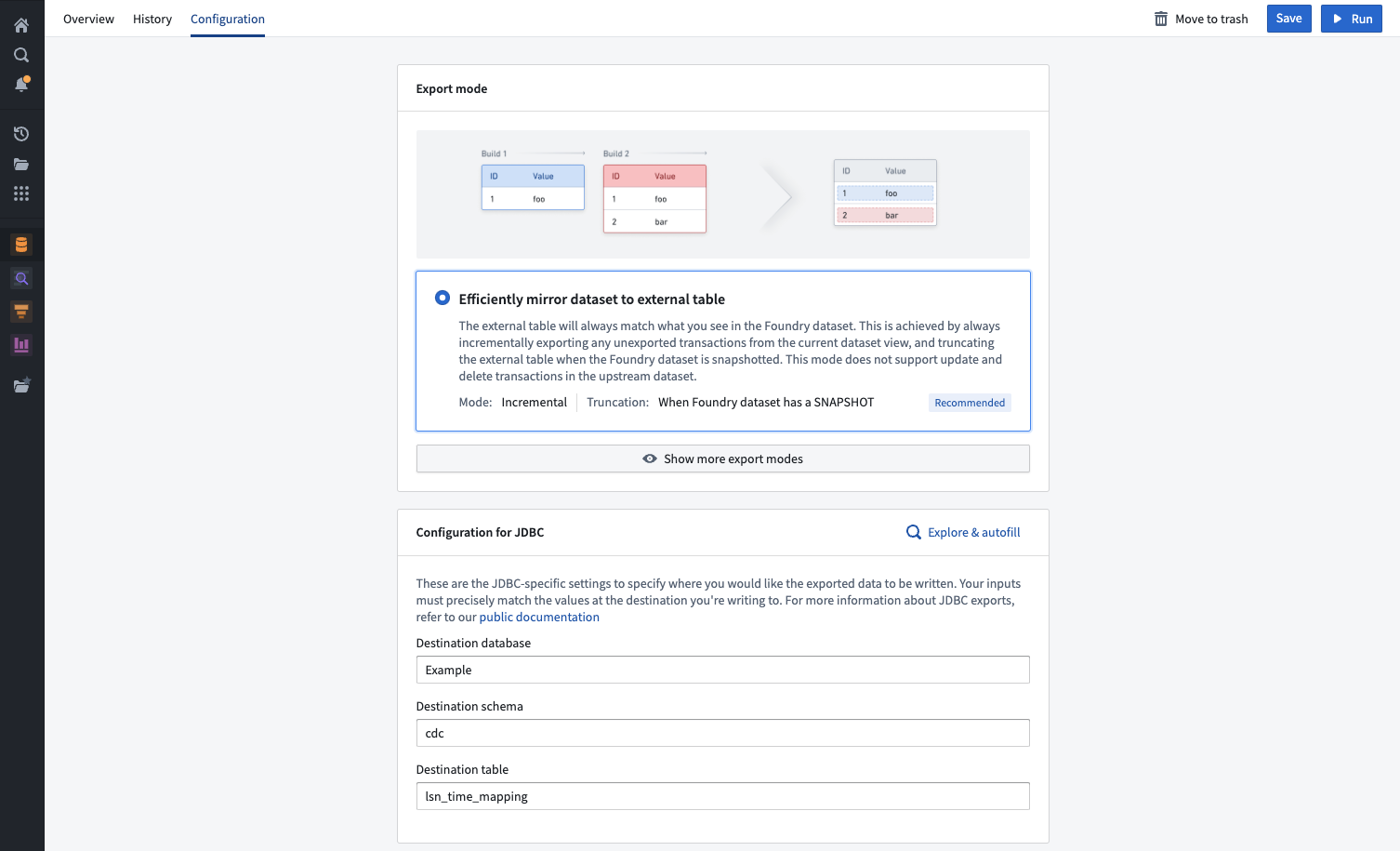 On the configuration page users see a form that allows them to input the names for the destination table, schema, and dataset