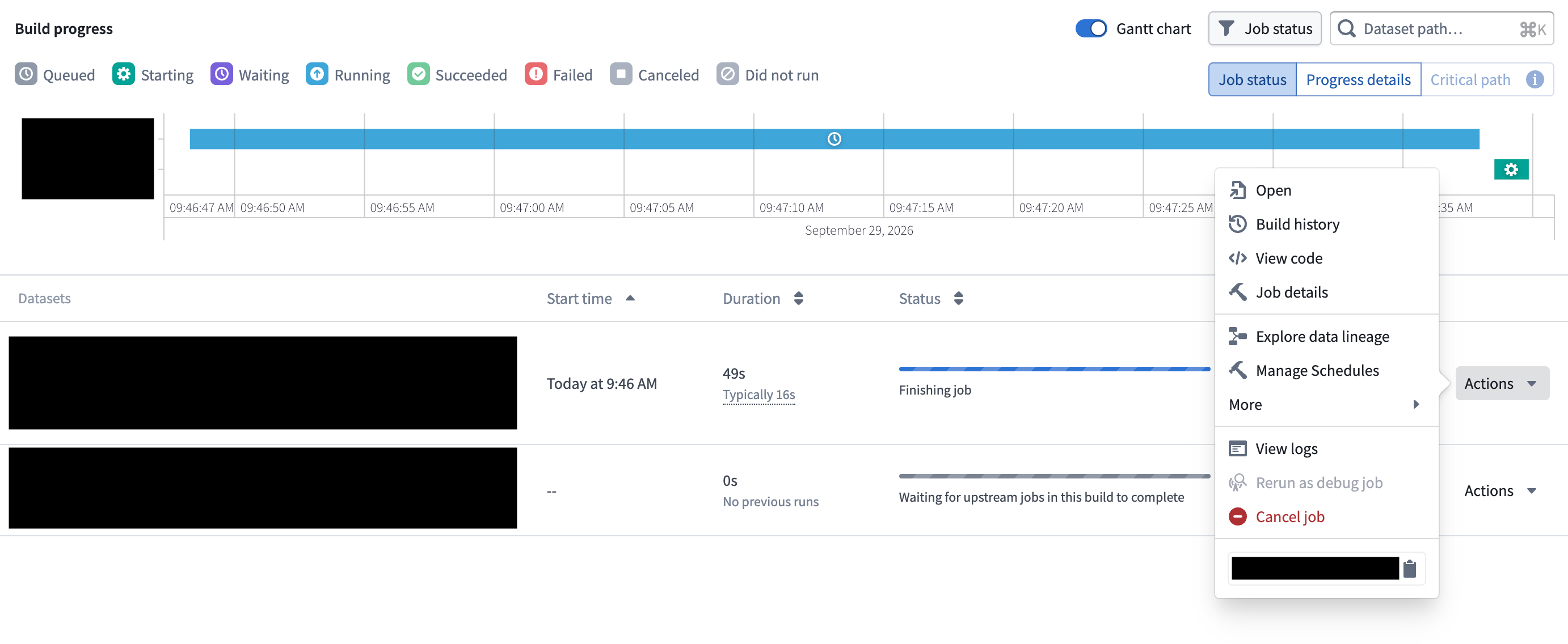The Actions menu for a running job shows the Cancel job option.