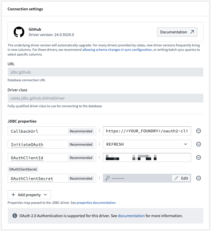 Github source configuration using OAuth 2.0 authentication.