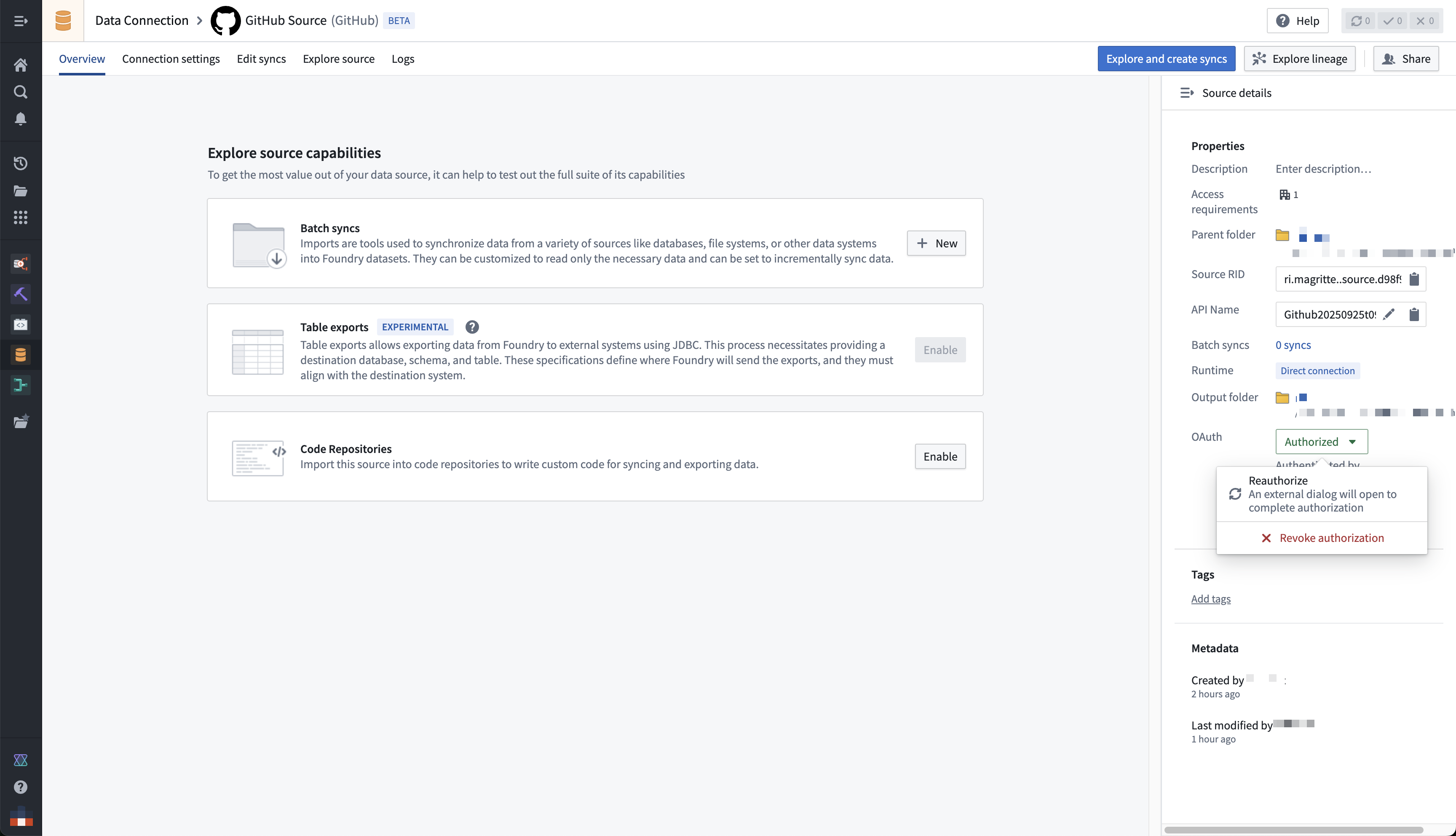 Revoke OAuth 2.0 authorization for a Github source.