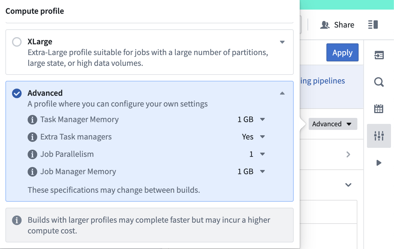 Screenshot of Pipeline Builder Advanced Flink profile.