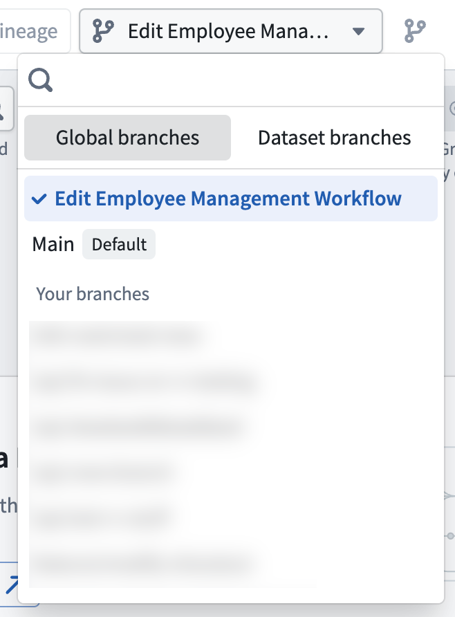 The Data Lineage branch selector with the global branches tab open, listing available branches.