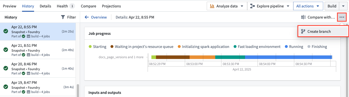 The Create branch option in the History panel of a dataset is displayed.