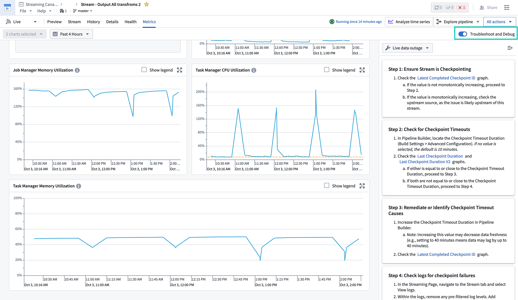 Troubleshoot and Debug mode is enable for the the dataset, providing steps to debug a failing stream.
