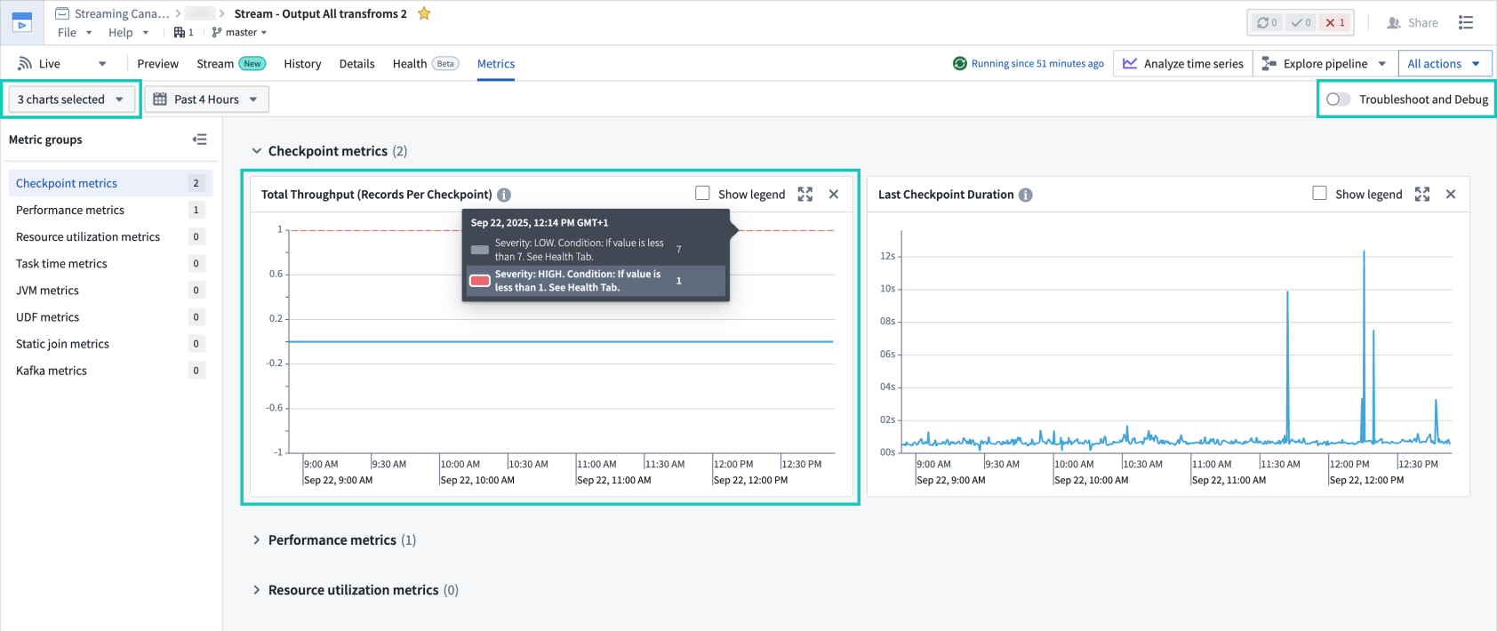 An example view of the Metrics tab of a streaming dataset, displaying checkpoint metrics.