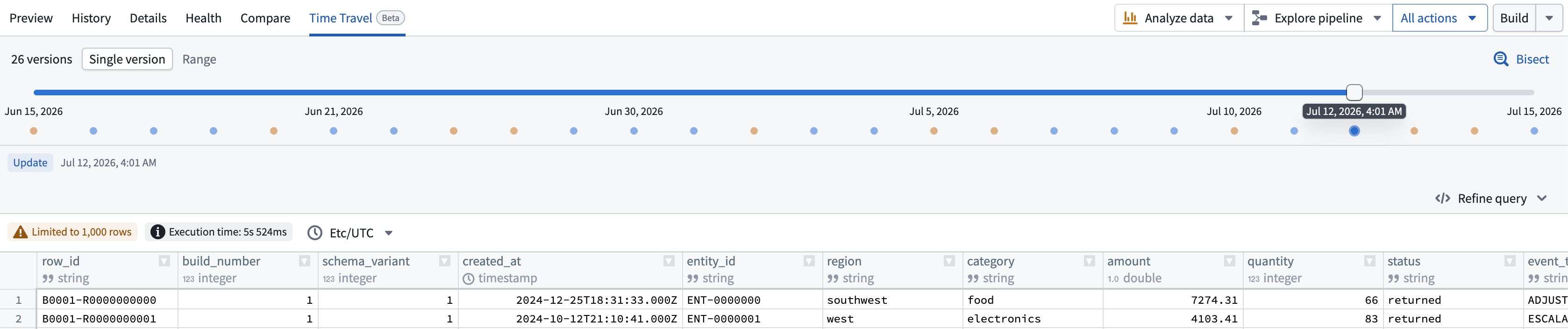 The Time Travel tab, showing a single committed version of a dataset.