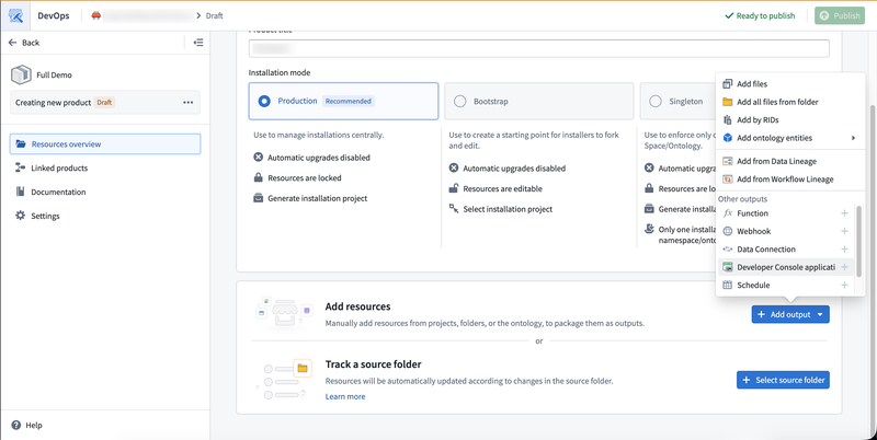 Adding a Developer Console application as an output in DevOps.