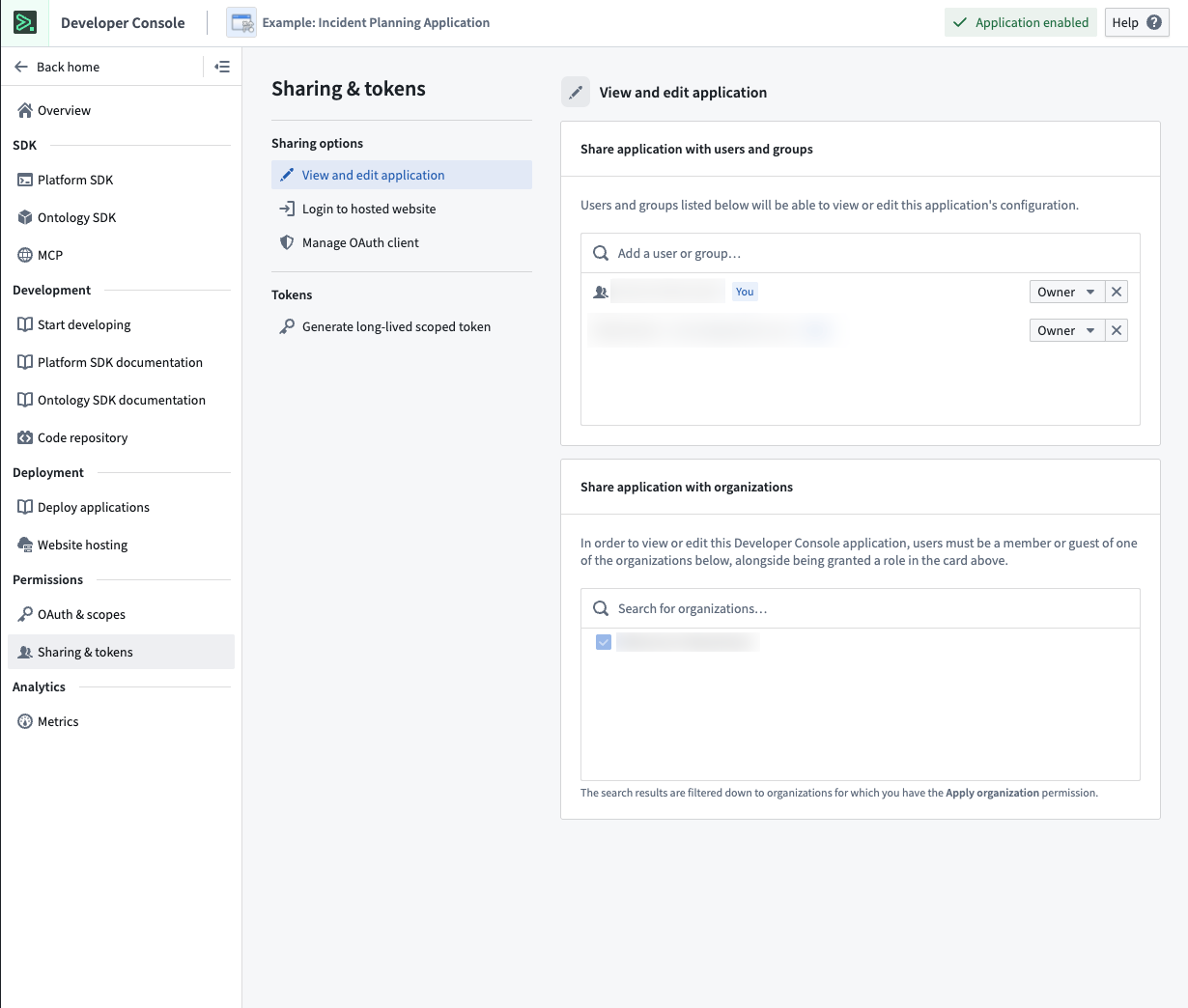 The application permissions page displays sharing settings and token generation.