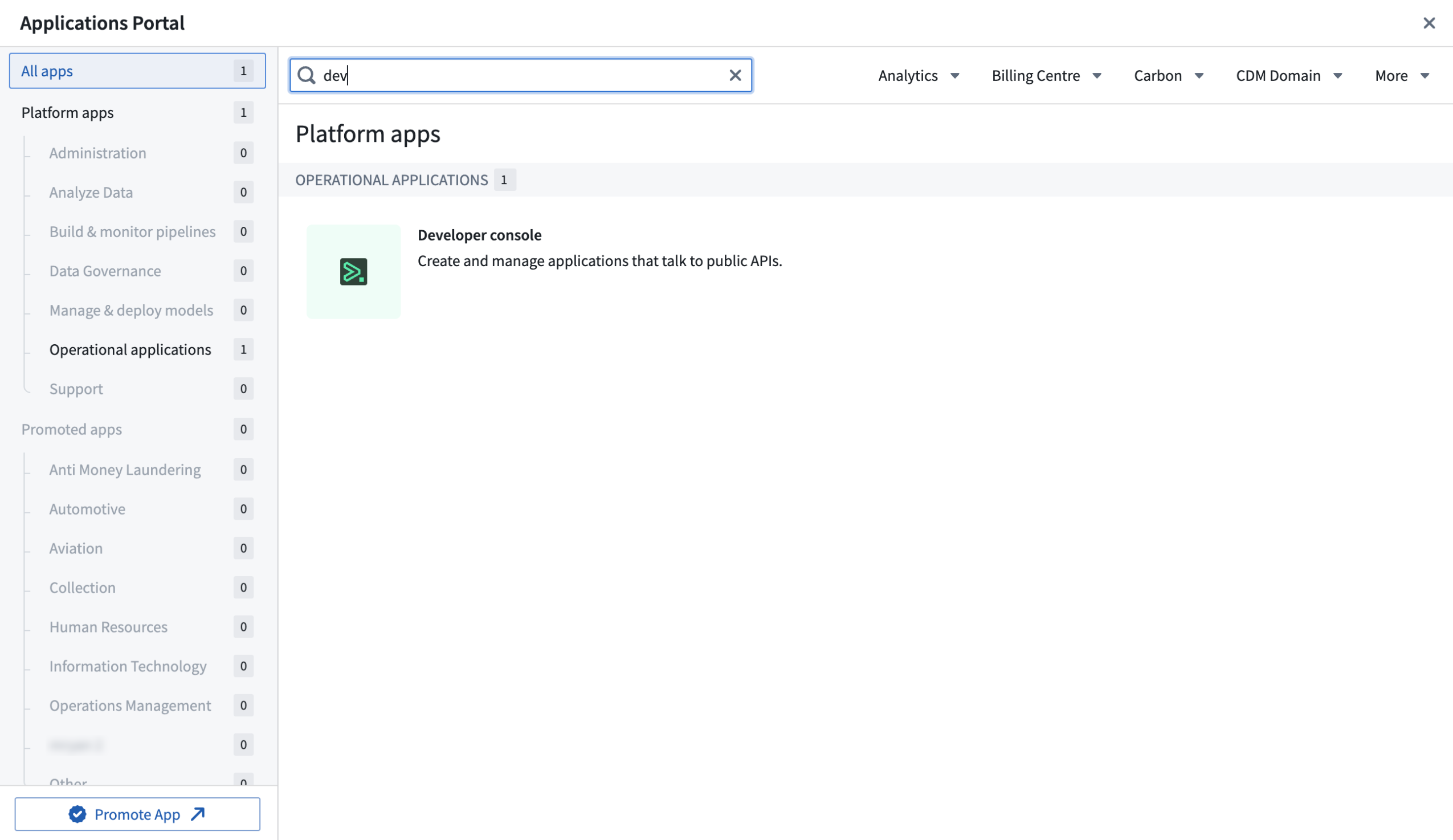 The applications portal displays Developer Console in the application list.