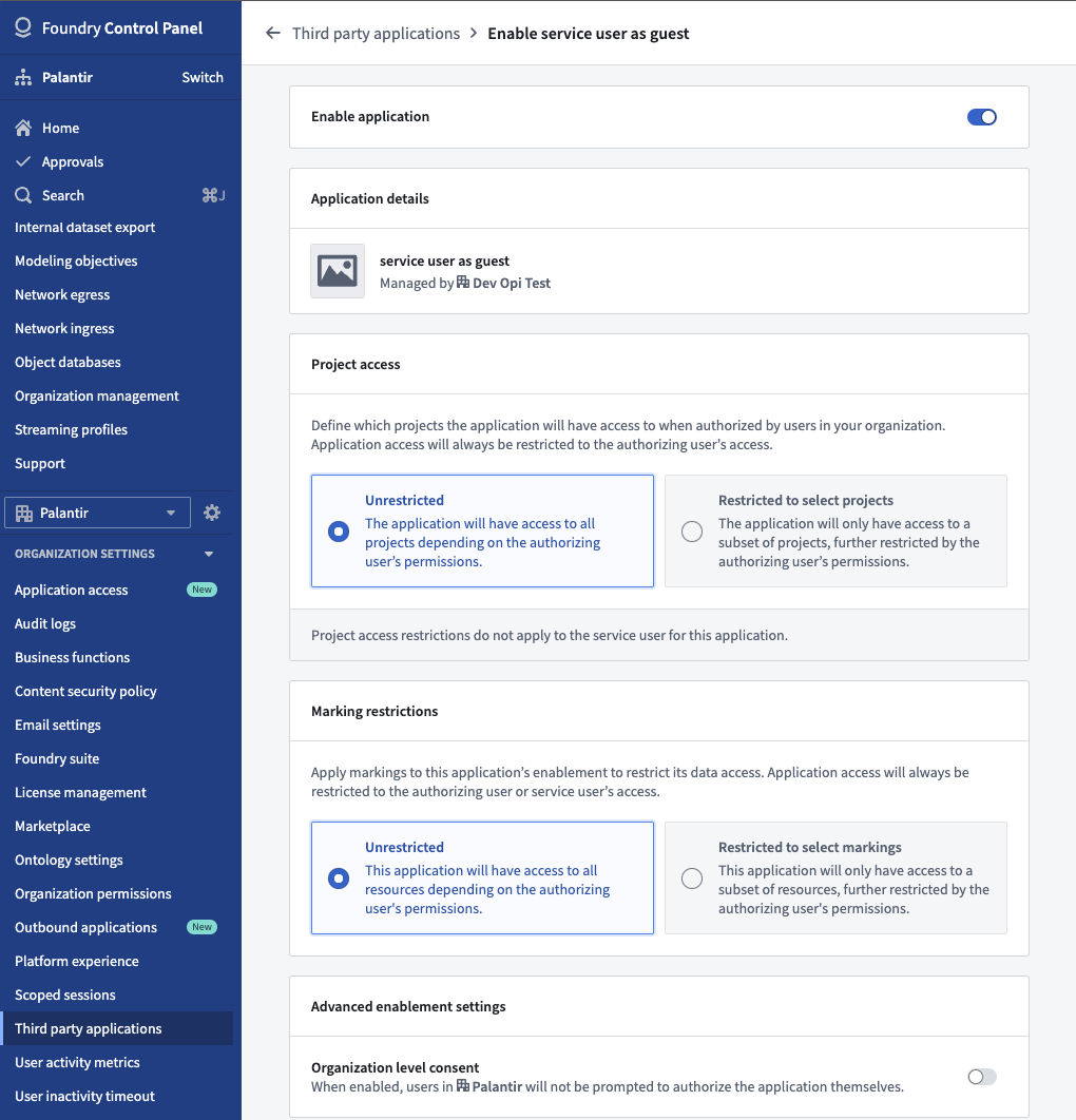 An enabled application in Control Panel, with options to configure project access and marking restrictions.