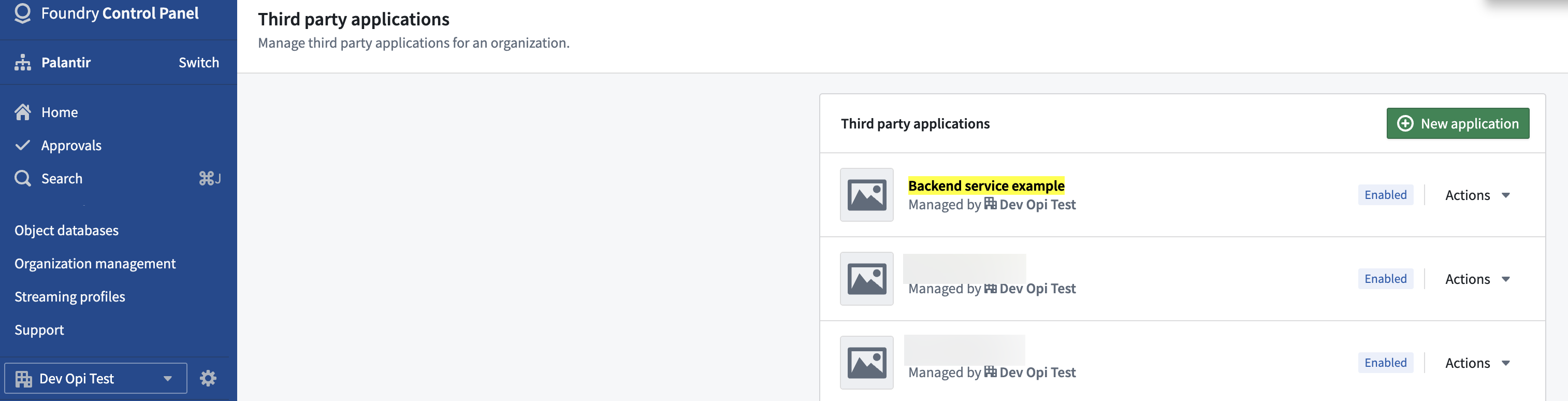 The Control Panel third party applications page showing your application.