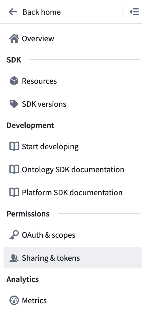 The left sidebar on the developer console with Sharing and Tokens selected.