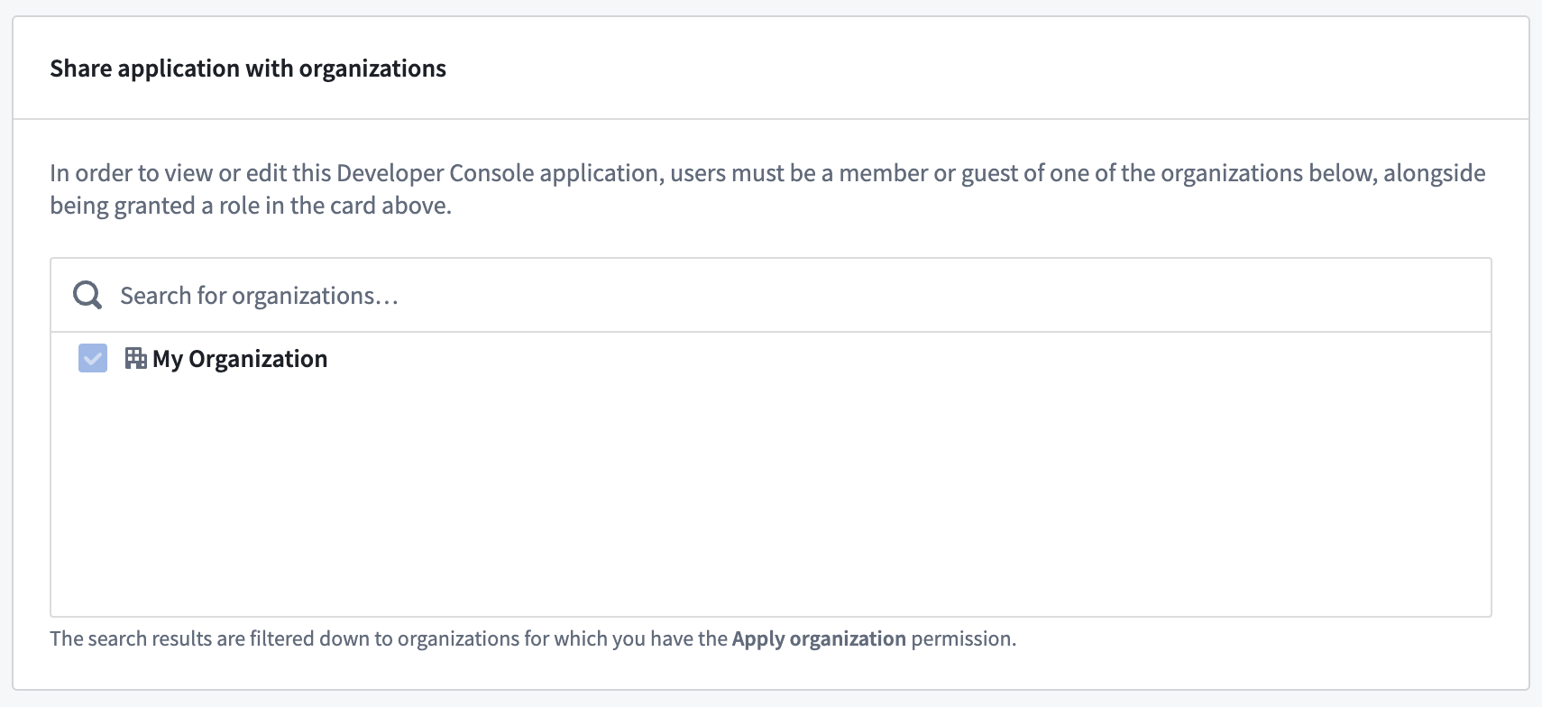 The application discovery list in Developer Console, with the Palantir organization added.