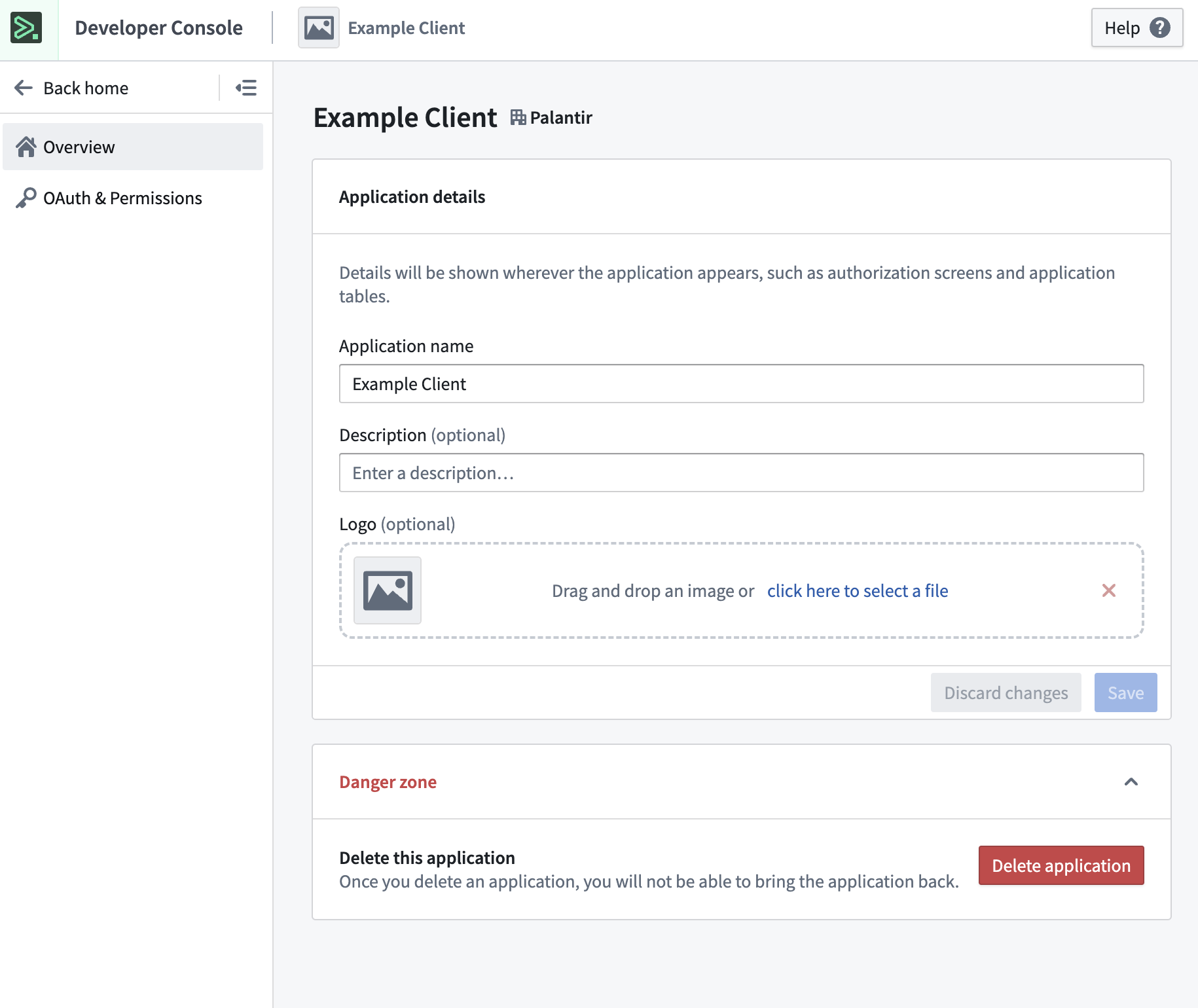 The OAuth client Overview page displays application details and settings.
