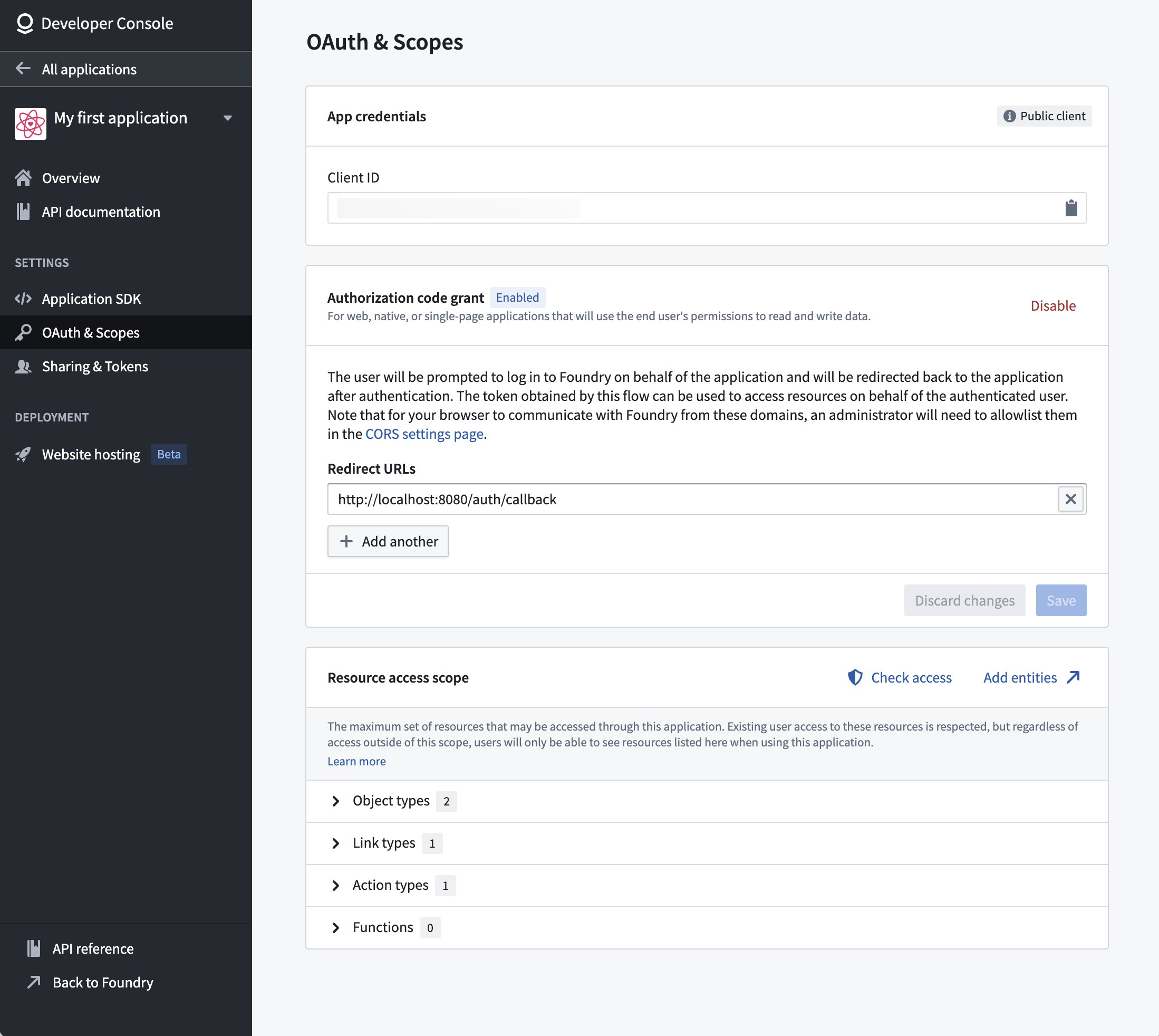 The OAuth and scopes page displays authentication and resource configuration.