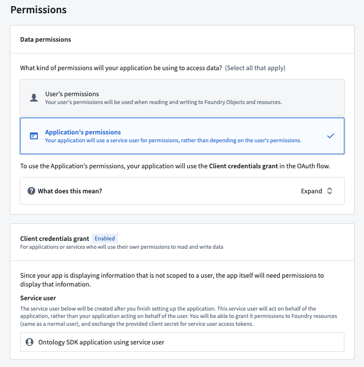 The permission page shows the application permissions option selected.