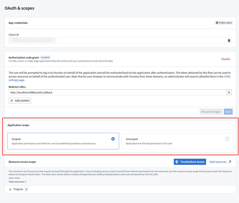 The OAuth & scopes page showing the Application scope section with Scoped and Unscoped options.