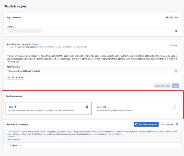 The OAuth & scopes page showing the Application scope section with Scoped and Unscoped options.