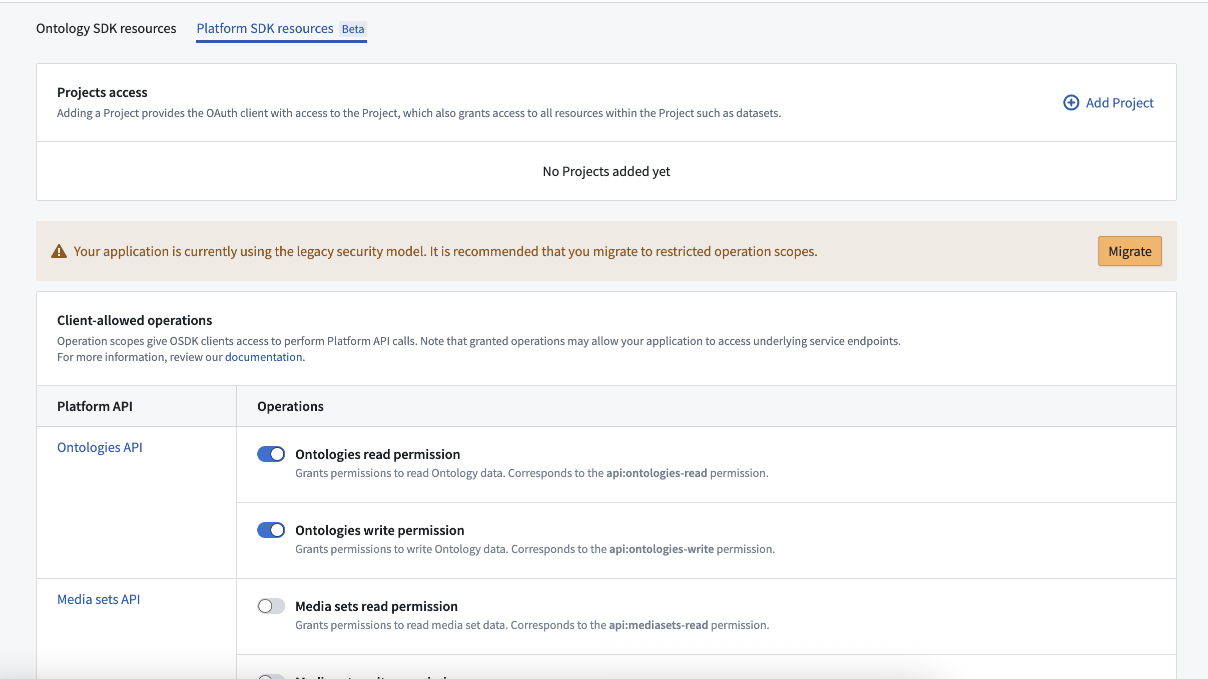 Select Migrate from the Platform SDK resources tab to update security.