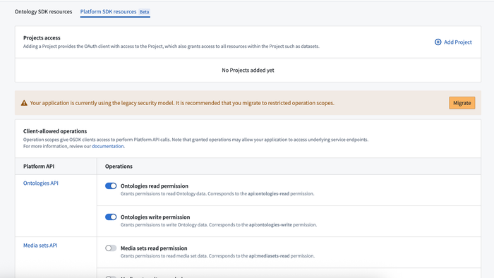 Select Migrate from the Platform SDK resources tab to update security.