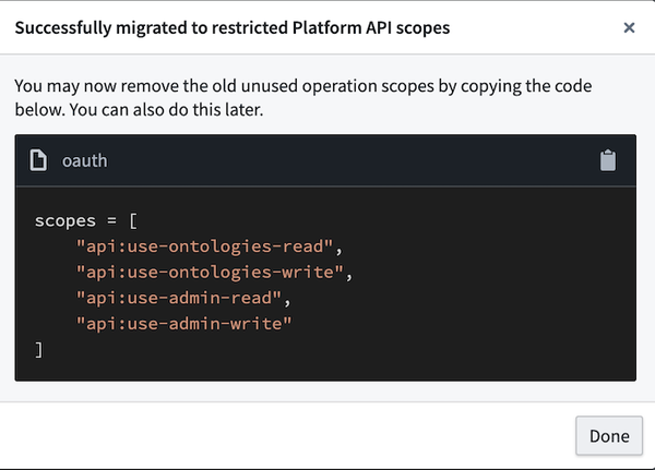 Successful migration message after updating security model.
