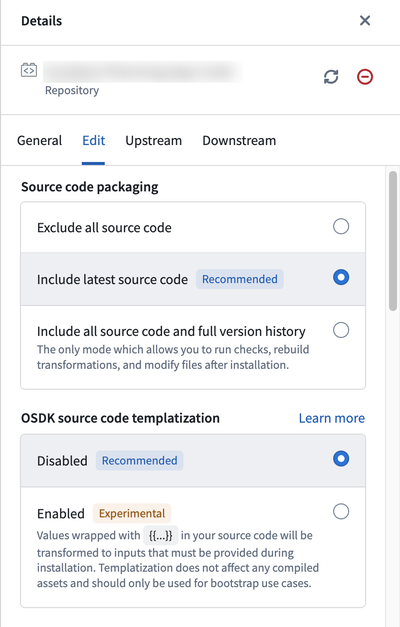 The OSDK source code templatization settings in DevOps.