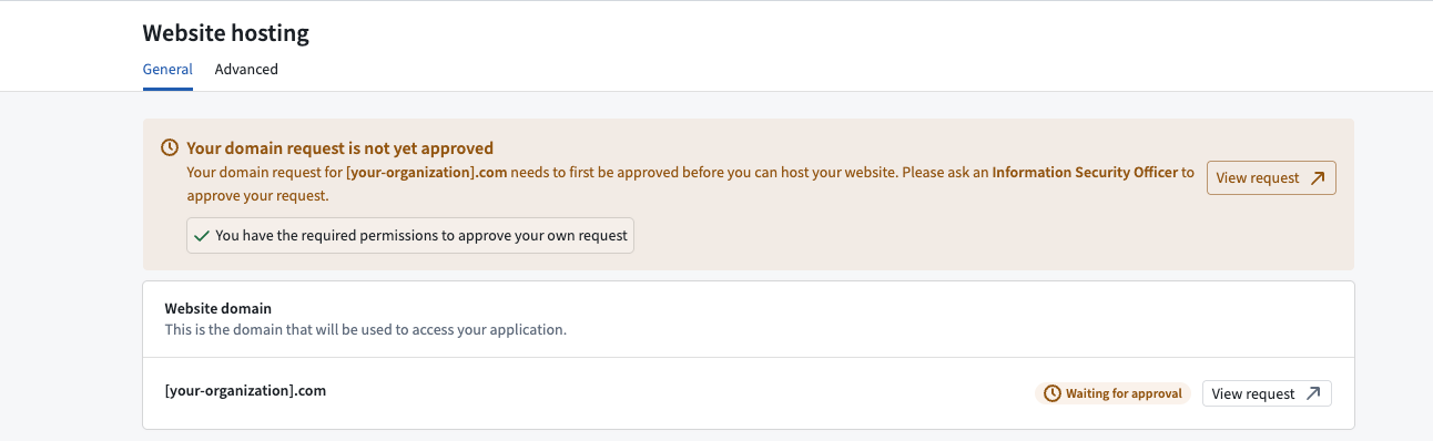 The custom domain request interface shows that the custom domain you requested is not yet approved.