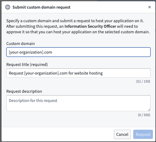 The custom domain request interface shows fields for the custom domain, the request title, and the request description.